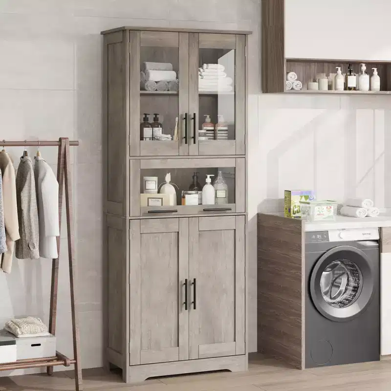 Tall Bathroom Cabinet, Freestanding Linen Storage Cabinet with Doors and Adjustable Shelves for Kitchen, Pantry, Living Room