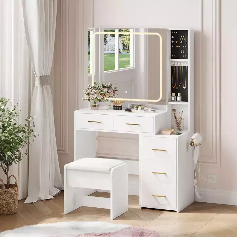 COZONY Makeup Vanity Set with Mirror & Lights, Vanity Desk with 5 Drawers, Stool & Power Outlet, 3-Color Adjustable Lighting Dressing Table
