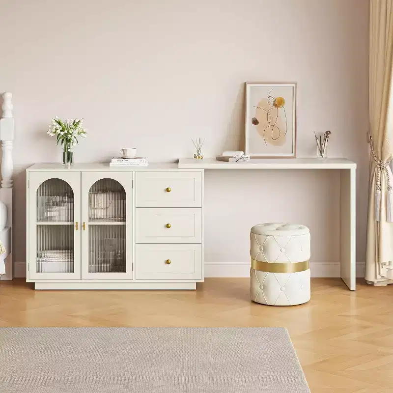 Extendable Corner Makeup Vanity Desk with 3 Drawers and 2 Doors