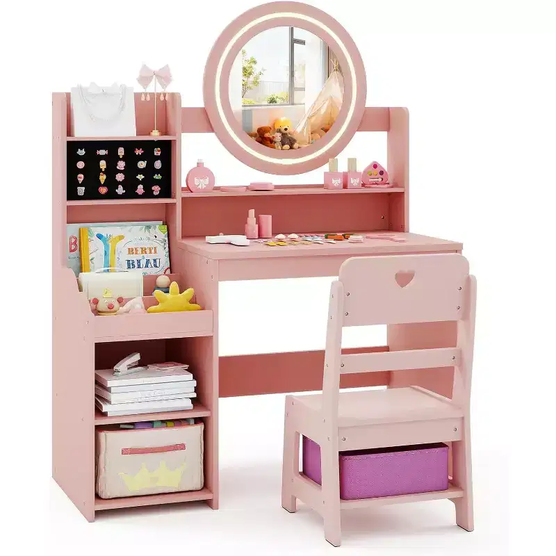 BALHAM TRADE-Kids Vanity with Lights Jewelry Storage Open Shelves 2 in 1 Toddler Vanity Table Chair