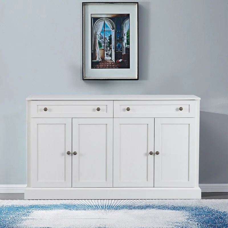 White / Antique White Minimalist Wood Sideboard, 2 Drawers & 2 Cabinets