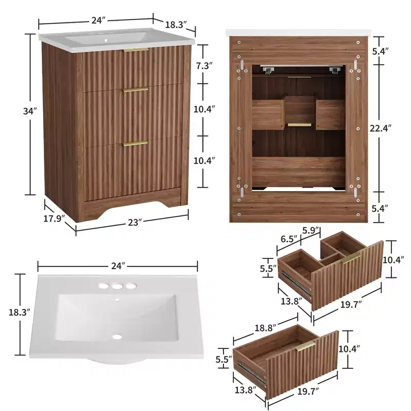 Modern Fluted Bathroom Vanity Set with Integrated Ceramic Basin Freestanding Bathroom Storage Vanity Cabinet with 3 Drawers for Contemporary Bathroom