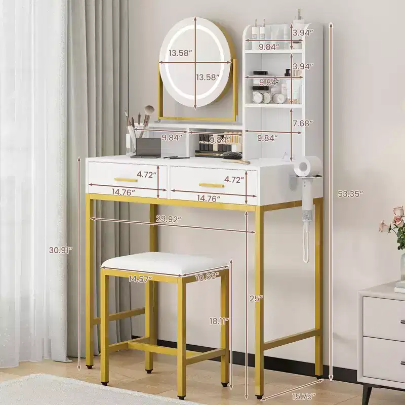 Vanity Desk with Rotating Mirror, Makeup Vanity Desk with Adjustable Mirror, Dressing Table With 2 Drawers, Storage Shelves & Stool for Bedroom