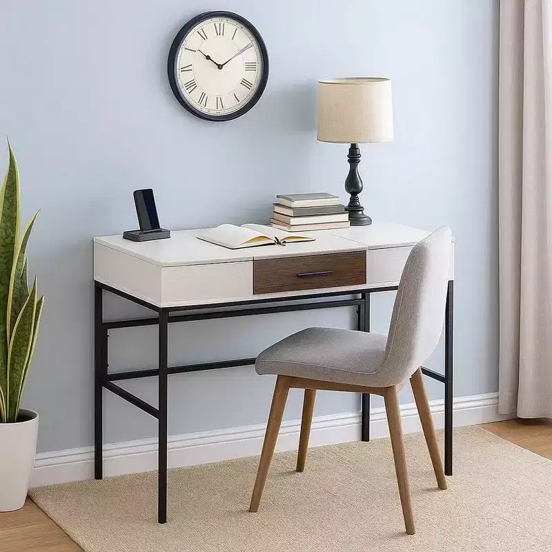 Royal Hampton Writing Desk with 2 Hinged Top Storage Compartments, White and Black
