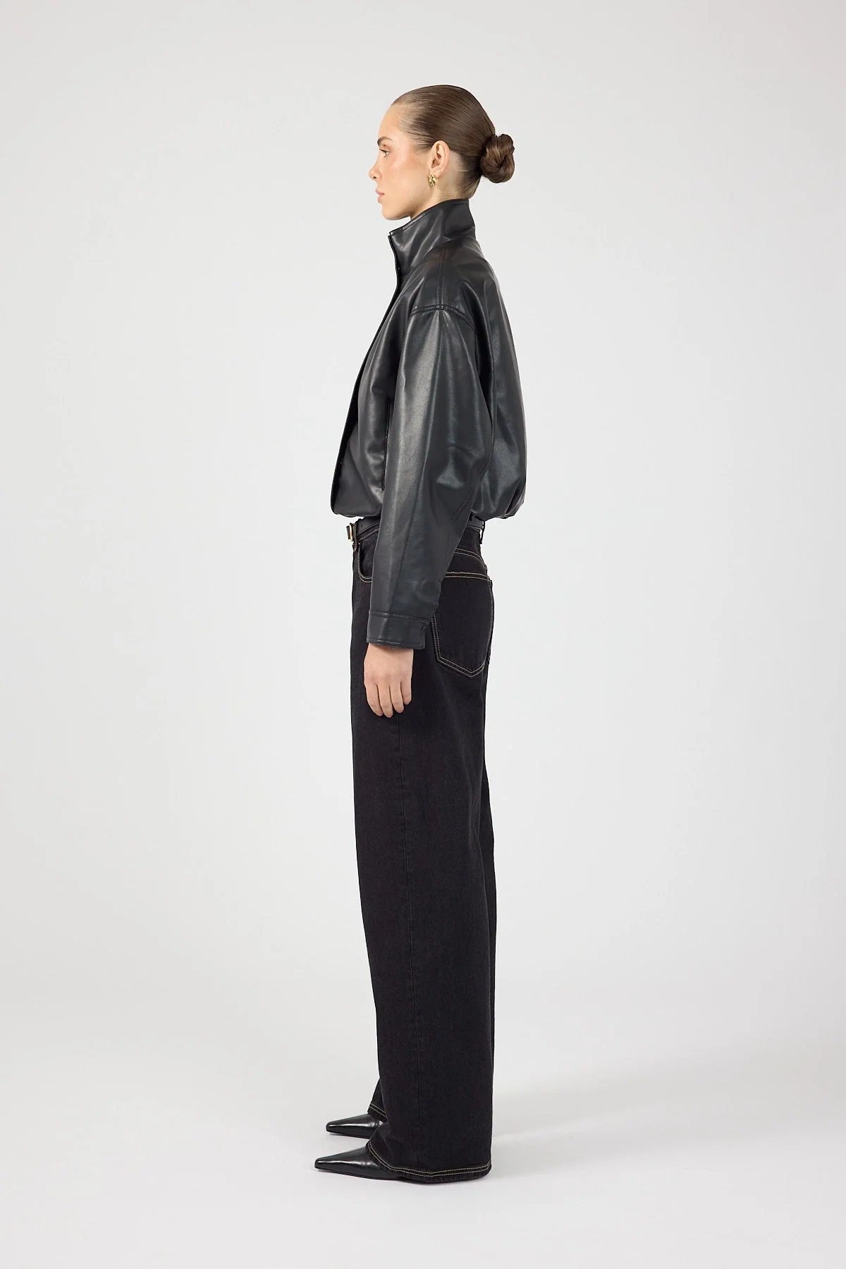 Funnel Neck Faux Leather Bomber Jacket Black