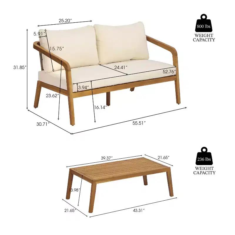 Christopher Knight Home Nolan Patio Acacia Wood and Wicker 2-Piece Loveseat Set with Coffee Table and Cushions