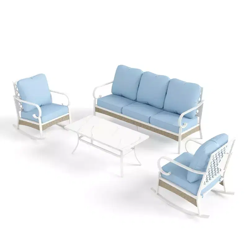 Captiva Designs 4pc Extra Large Metal and Rattan Outdoor Patio Conversation Set with Rocking Grid-back Chairs and Table