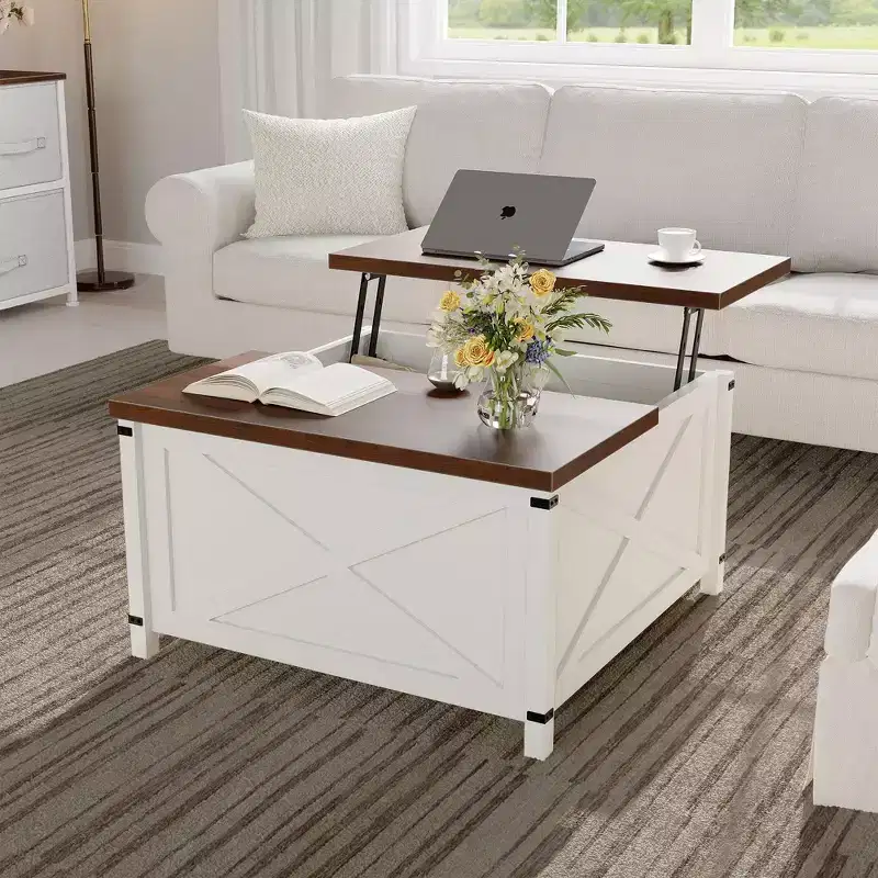 Farmhouse Lift-Top Coffee Table - Brown Square with Hidden Storage, Rustic Industrial Design for Living Room/Home Office/Small Spaces