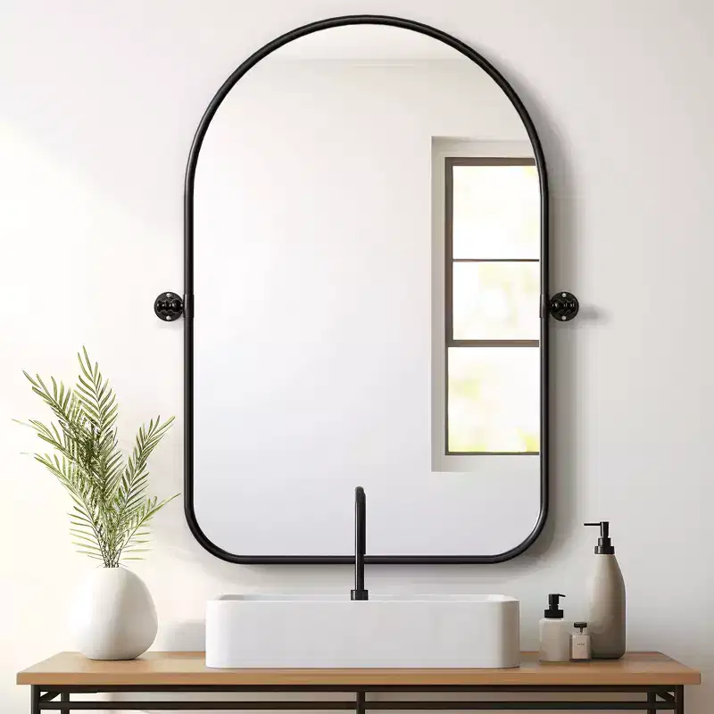 Iron Art Round Corner Arch-shaped Black Rotatable Hardware Hanging Mirror 36*24