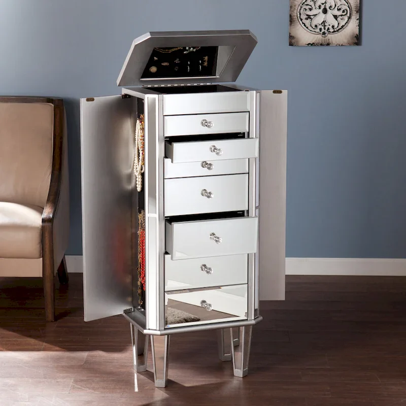 Silver Mirrored Jewelry Armoire with Drawers & Necklace Hooks – 1 Person