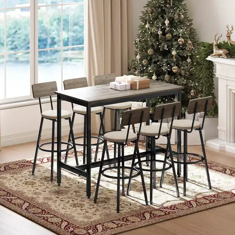 Zevemomo 7-Piece Counter Height Dining Set, 6 PU Upholstered Stools, Space-Saving High Top Table Set for Small Spaces, Grey