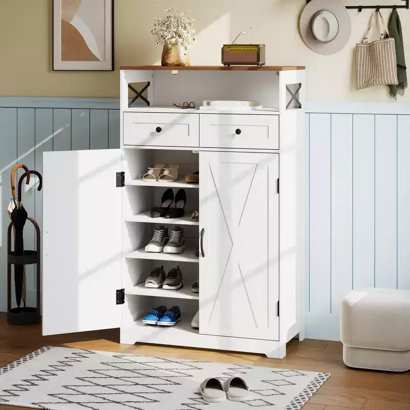 Modern Farmhouse Style Shoe Cabinet, Narrow Freestanding Shoe Rack Storage Cabinet with Drawers and Adjustable Shelves, Suitable for Foyer Storage