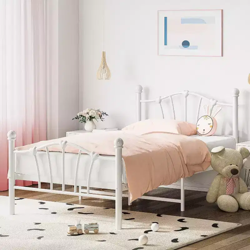 Twin Bed Frame for Kids, Kids Twin Bed Frame with Heart Shaped Headboard and Tailboard, Heavy Metal Slat Support, Noise-Free, White