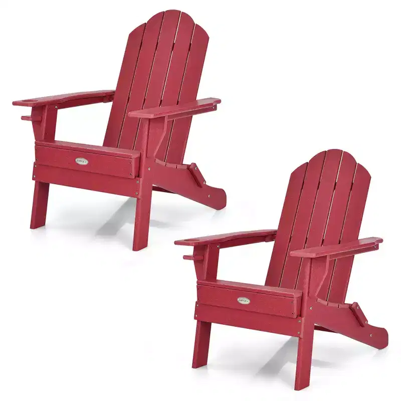Costway 2PCS Patio Folding Adirondack Chair Weather Resistant Cup Holder Yard Red