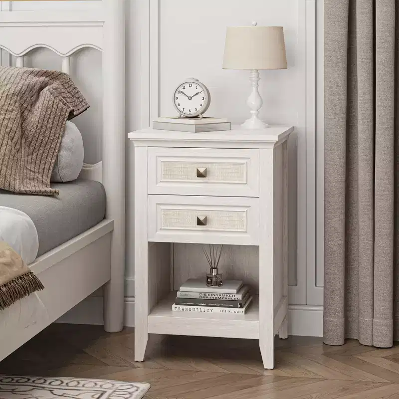 Boho Rattan Nightstand with 2 Drawers, 27