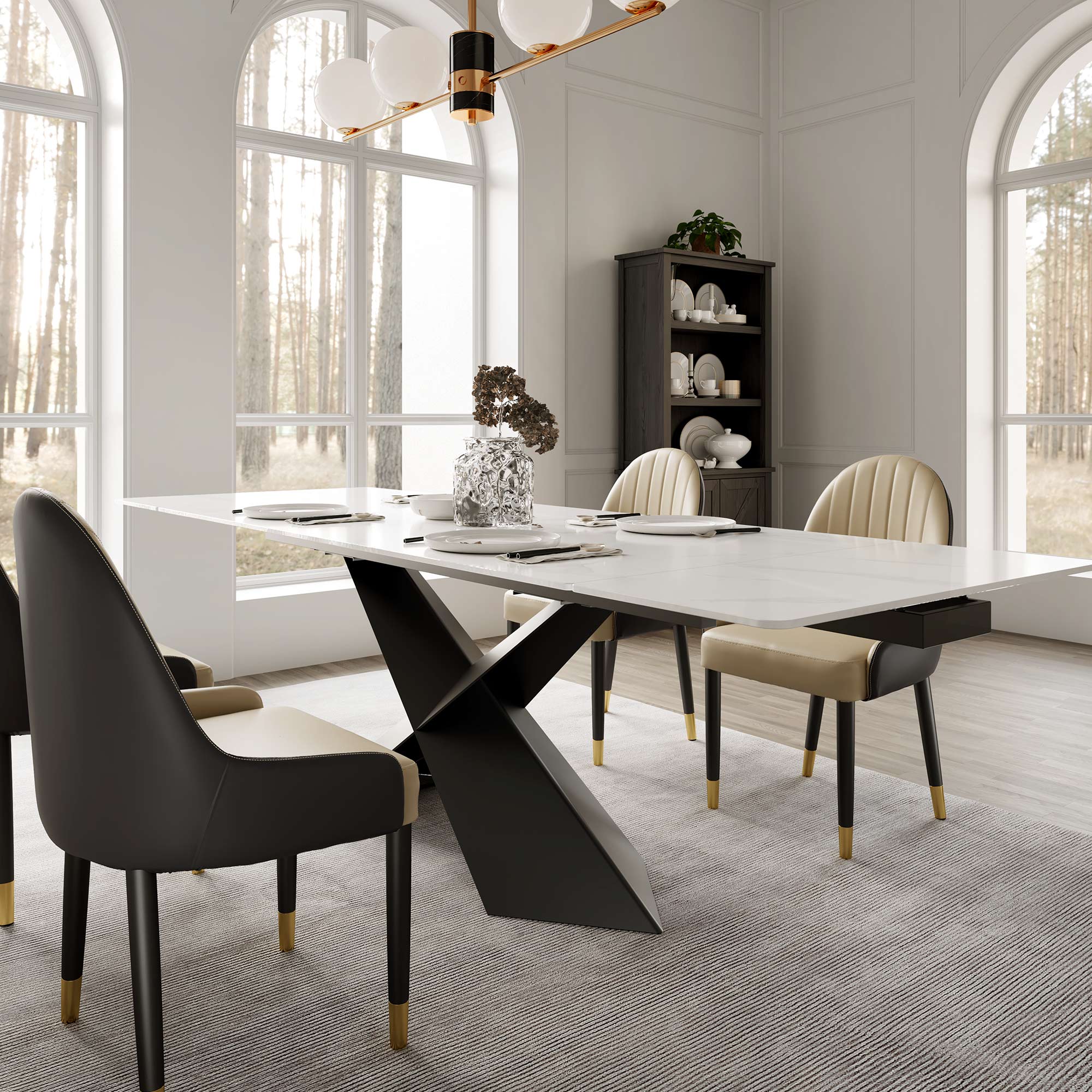 Oval Dining Table with Upholstered Bench, Gray