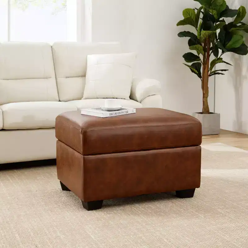 Square Faux Leather Ottoman with Storage, Footrest Stool Coffee Table for Living Room