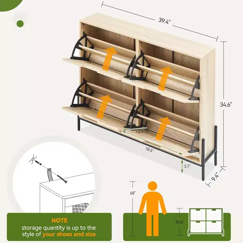 39.4Rattan Shoe Cabinet Organizer with Flip-Drawer Doors, 4-Door Storage with Adjustable Shelves, Holds Up to 20 Pairs
