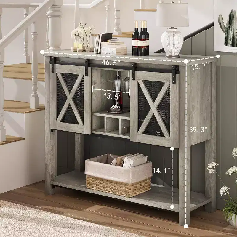 Sideboard Buffet Cabinet, Coffee Bar Cabinet, Console Table with Sliding Barn Doors, Entryway Table with Storage Shelf and Wine Racks
