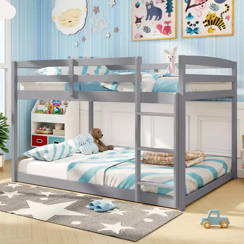 Full Over Full Bunk Bed with Full-length Guardrails & Integrated Ladder Gray/White