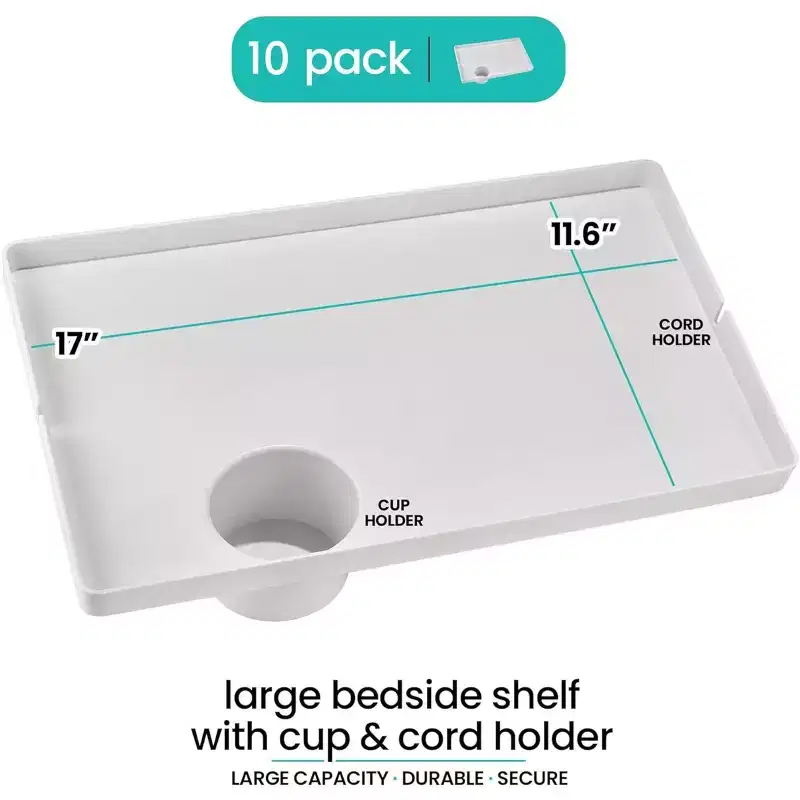 Modern Innovations Large Bedside Shelf 10 Pack White Clip On Nightstand with Cup and Cord Holder for College Dorm Bunk Bed Top Bunk