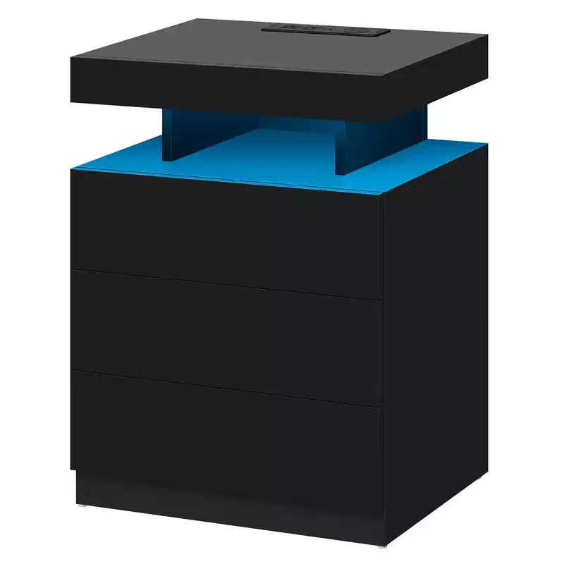 Modern LED Nightstand with 3 Drawers & Wireless Charging Station