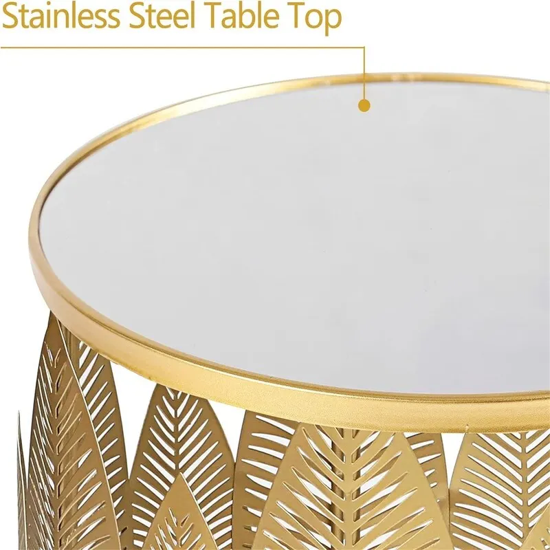 Gold Round Metal Nesting Side Table, Single, Leaf Accent
