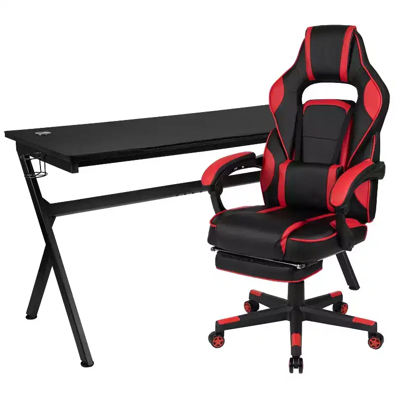 Flash Furniture Gaming Desk with Cup Holder/Headphone Hook/Removable Mousepad Top & Reclining Back/Arms Gaming Chair with Footrest
