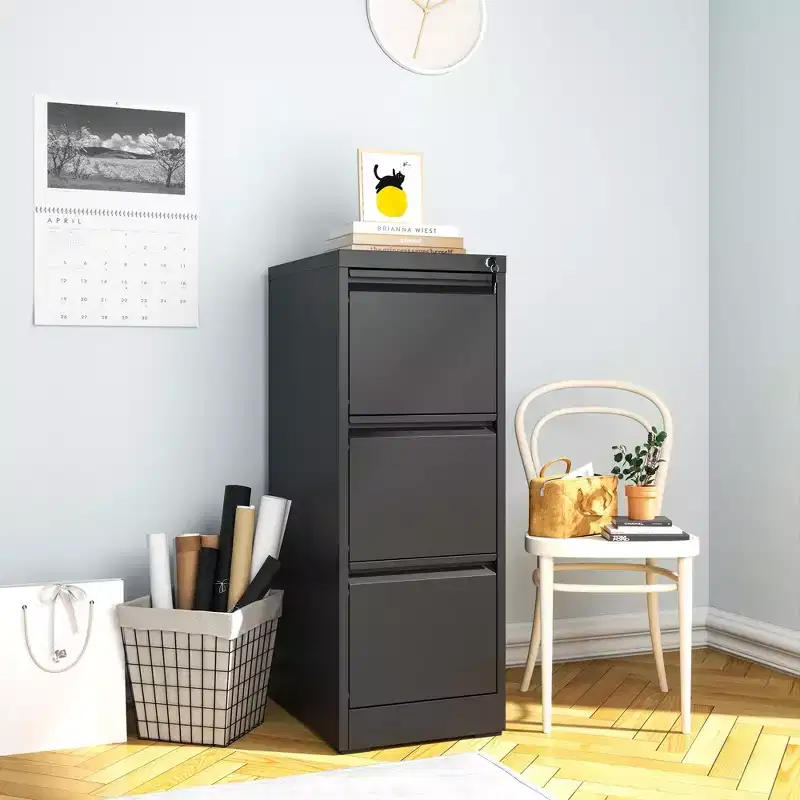 VIYET 40.39 3-Drawer Black Metal Vertical File Cabinet with Lock, Steel Filing Cabinet for Home Office, Fits A4/Legal/Letter