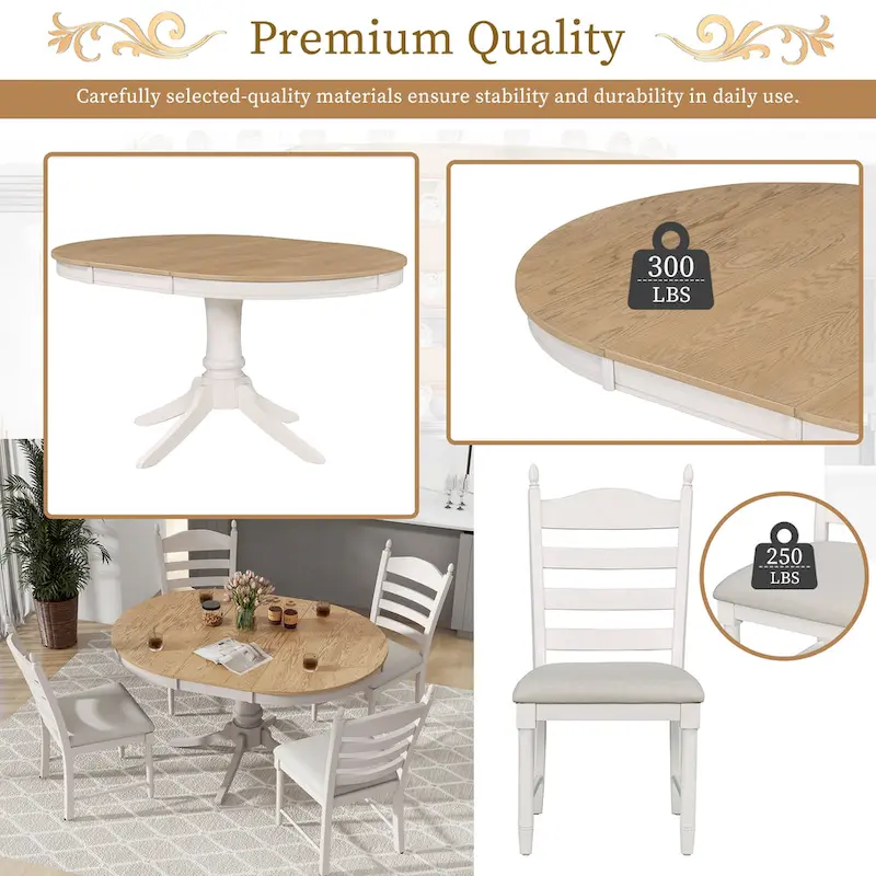 5-Piece Dining Table Set Round Extendable Dining Table and 4 Chairs