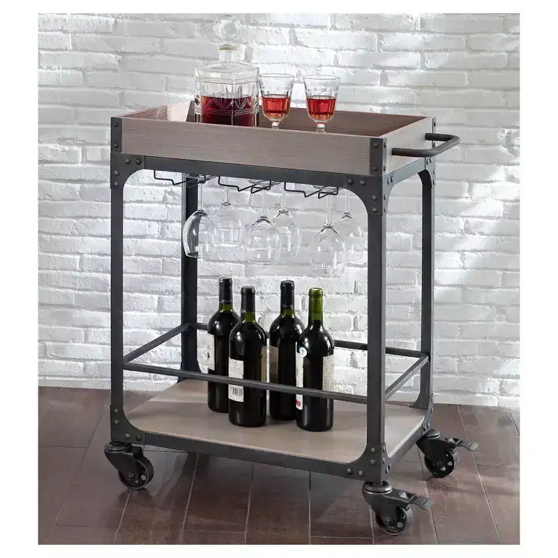 Bar Cart and Wine Rack Weathered Gray: Vintage Style Beverage Serving Cart with Locking Wheels
