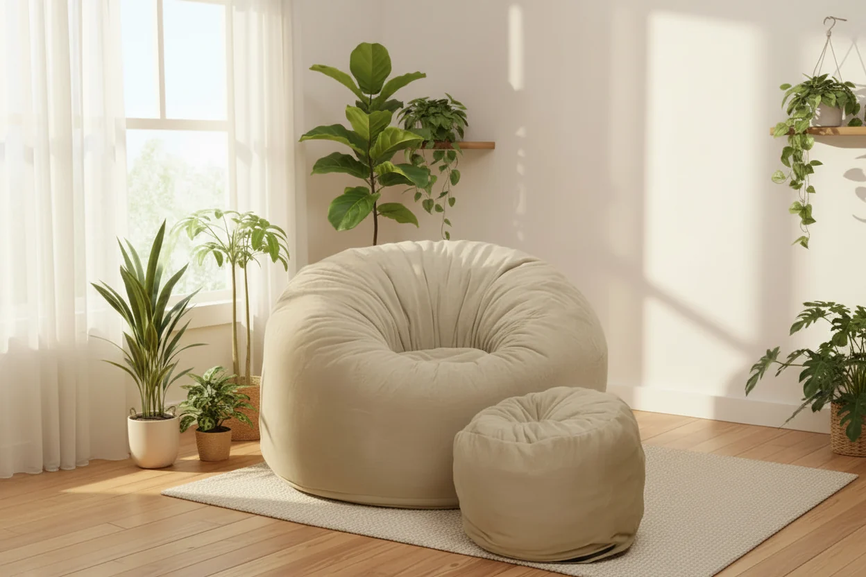 6ft Bean Bag Chair and Footstool, Oversized Lounger, Camel Fur