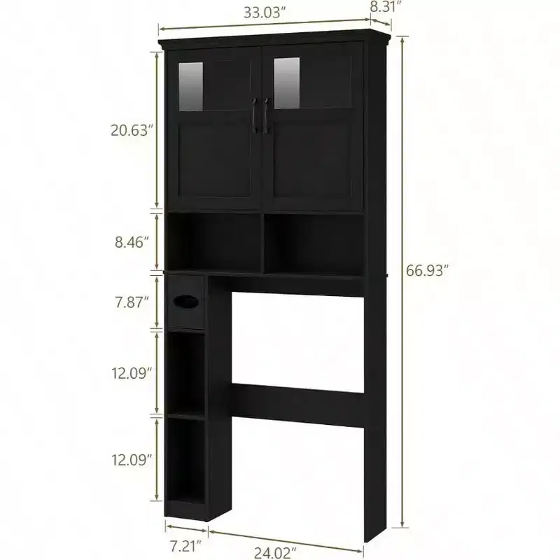 Over Toilet Storage Cabinet with Double Doors Toilet Paper Holder Stand, Freestanding Black Shelf Space Saver with Anti