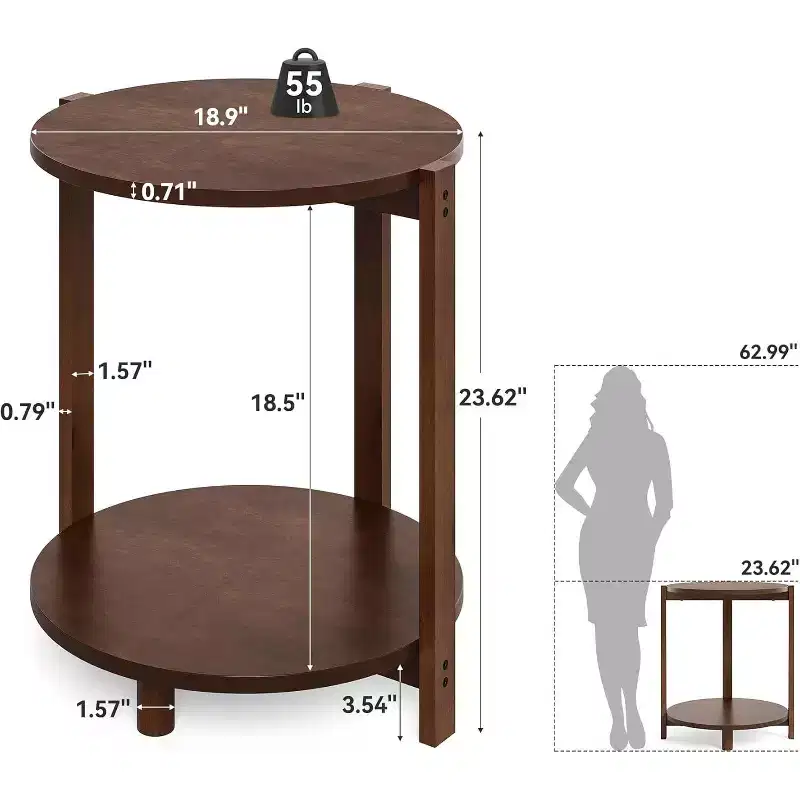 Lantine Solid Wood Side Table for Living Room, Small Round End Table with 2-Tier Storage, Accent Furniture for Small Spaces, Bedroom, Apartment, Brown