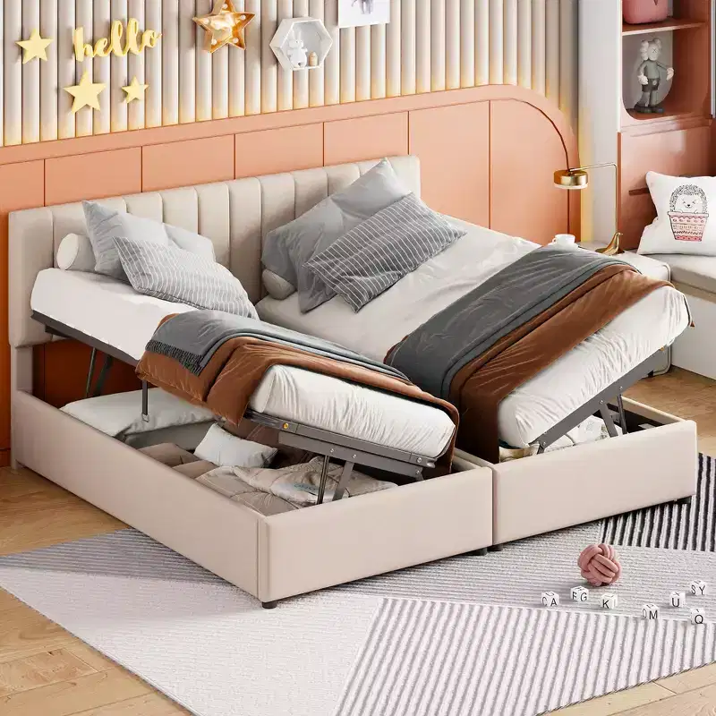King Size Upholstered Platform Bed with Under-Bed Storage System