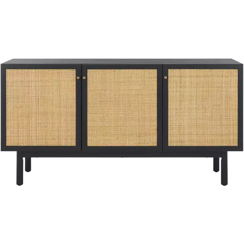 3-Door Rattan Mesh Sideboard & Media Stand with Adjustable Shelves, Walnut & Gold Pulls