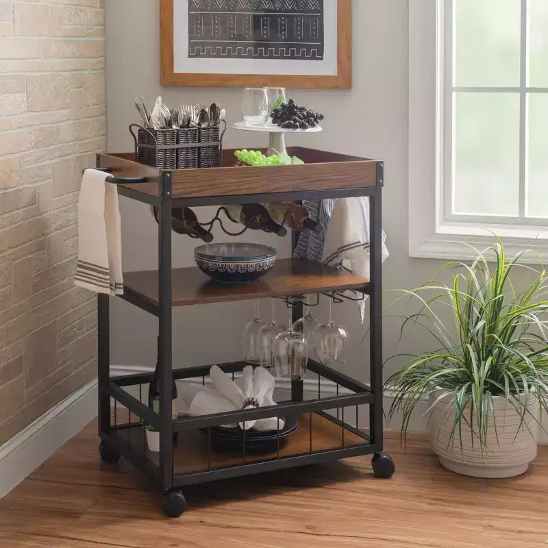 Industrial Metal/Wood Kitchen Cart 3 Shelves Bottle & Glass Racks Storage on Wheels