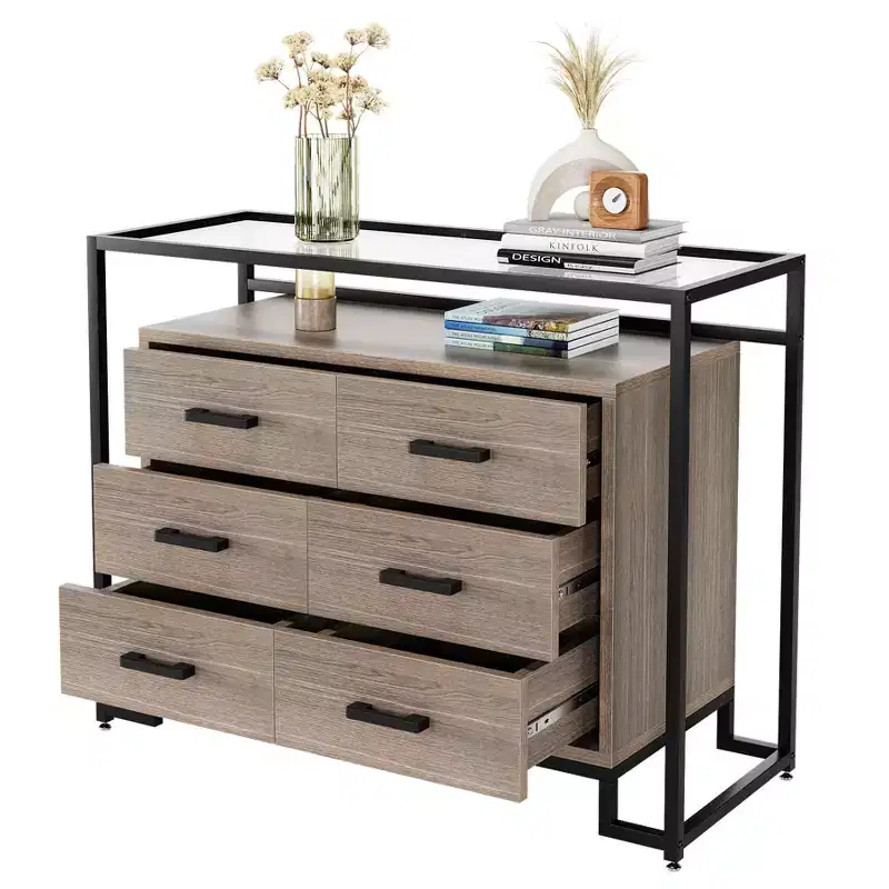 6 Drawers Dresser, Wooden Drawer Chest with Tempered Glass Top and Steel Frame TV Stand, Multi-Purpose Large Storage Cabinet for Living Room Bedroom