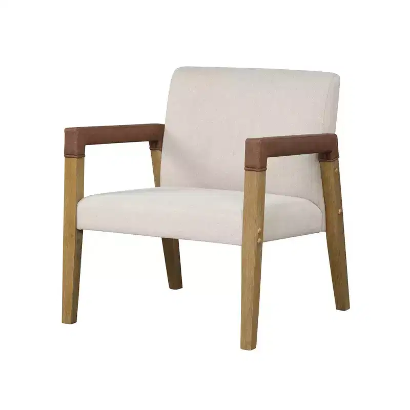 30" Wood and Faux Leather Upholstered Accent Chair Brushed Light Brown/Flax/Chestnut