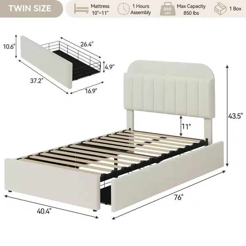 Coolmee Twin/Full/Queen Size Bed Frame with Storage Headboard, Girls Bed Frame with 2 Drawers, Boucle Upholstered Platform Bed with Bookcase