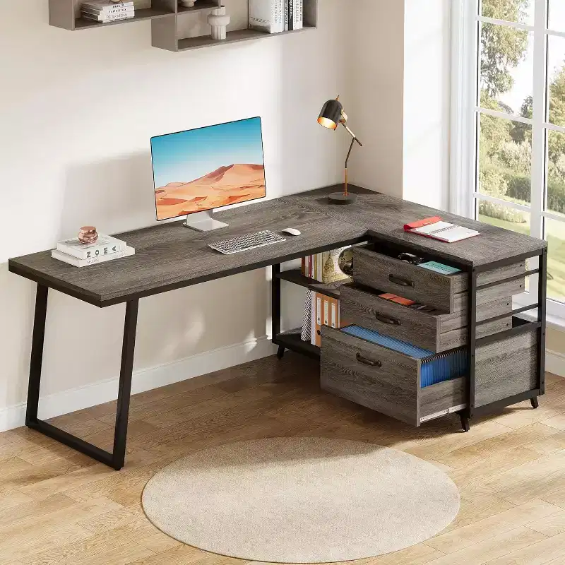 53-Inch L-Shaped Office Desk, Reversible Corner Computer Desk with 3 File Drawers and 2 Storage Shelves for Home Office, Gaming Room, Grey