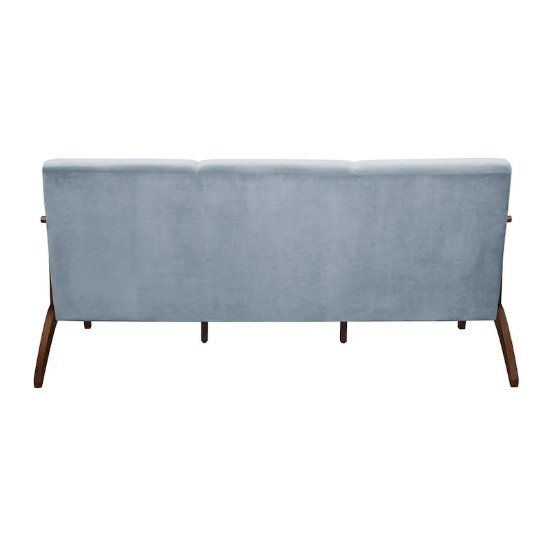 Rica 73 Inch Sofa, Soft Blue Gray Velvet, Walnut Brown Solid Rubberwood