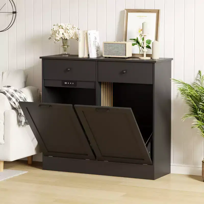 20 Gallon Tilt-Out Trash Can Cabinet, Double Bin with Hidden Drawer, Dog-Proof, Deodorizing