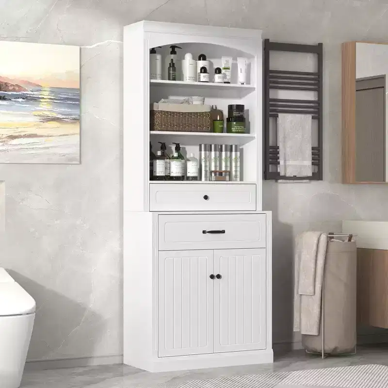 Matte White Bathroom Storage Cabinet with 3 Shelves, 2 Drawers & 2 Doors, Anti-Tipping