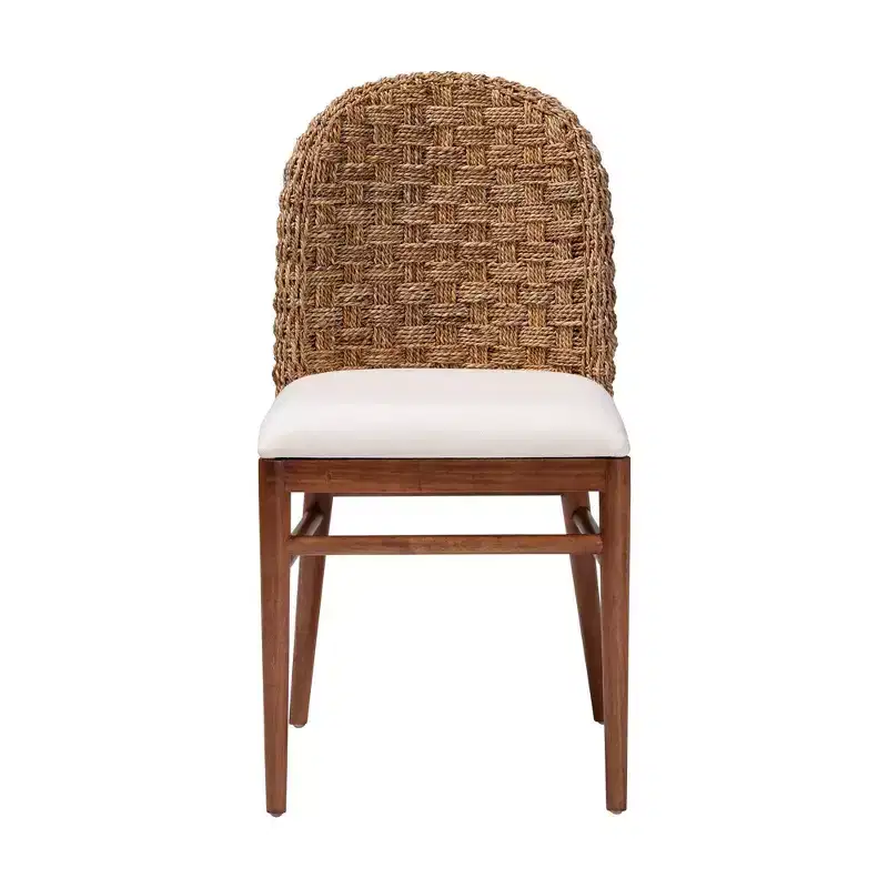 Denver Acacia Wood and Seagrass Dining Chair White/Walnut Brown: Bohemian Style, Foam Padded