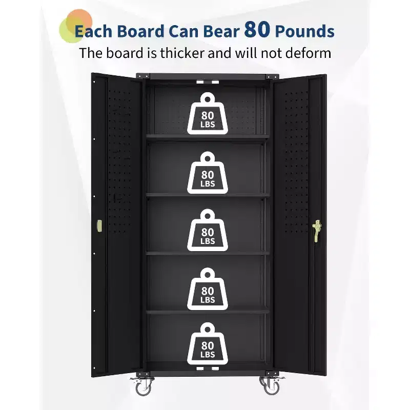 COZONY 72 Garage Storage Cabinet with Wheels & Pegboard, Lockable Metal Cabinet with 2 Doors and 4 Adjustable Shelves for Workshop Home Office