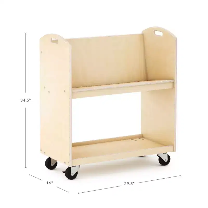 Guidecraft EdQ Rolling Book Storage Cart for Classroom: Single Sided 2-Shelf Wooden Book Display Rack on Wheels