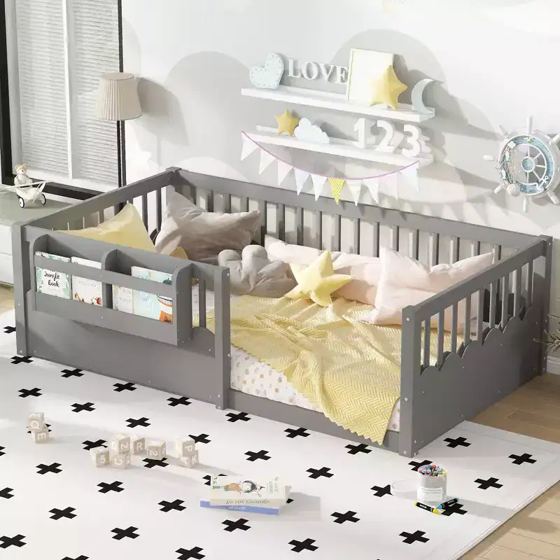 Bellemave Kids Floor Bed with Heightened Fence and Bookshelf, Wooden Twin Montessori Bed Frame for Girls Boys