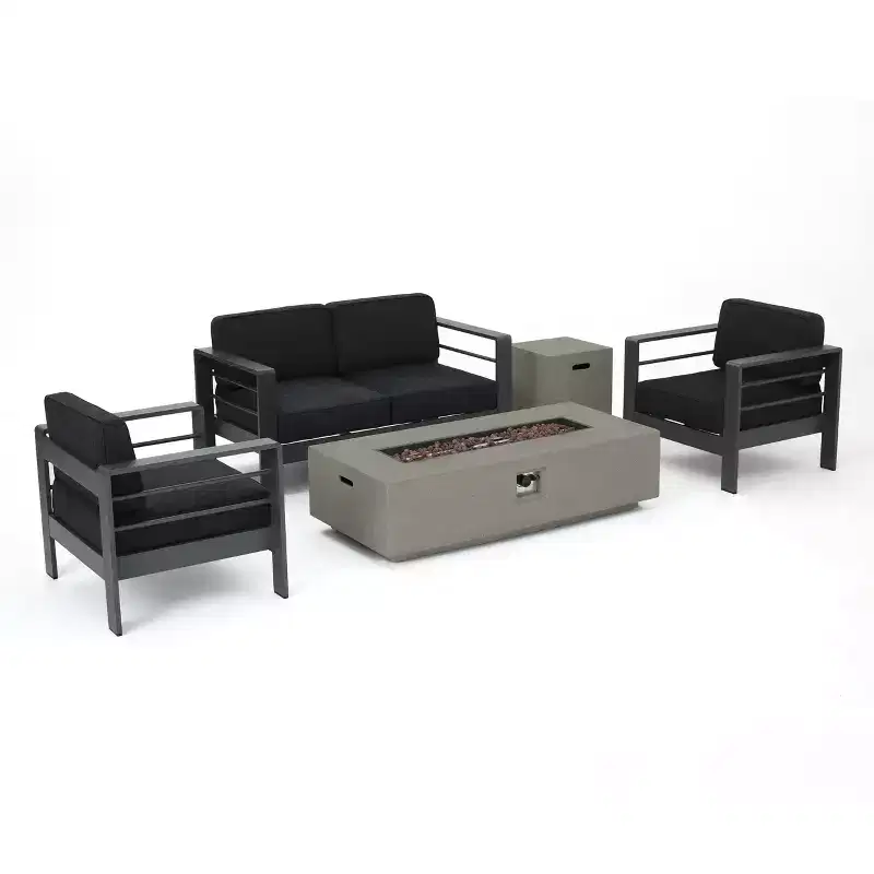 GDFStudio Crested Bay Outdoor Aluminum 4 Seater Chat Set with Light Gray Fire Pit