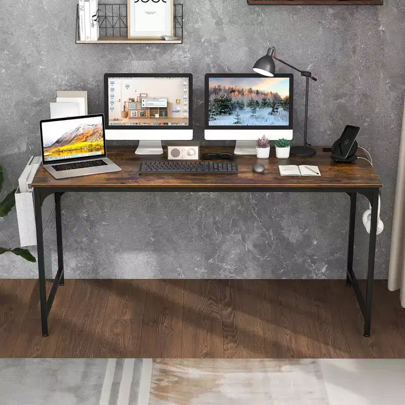 Costway 60 Modern Computer Desk with Charging Station with Storage Bag & Headphone Hook Borwn